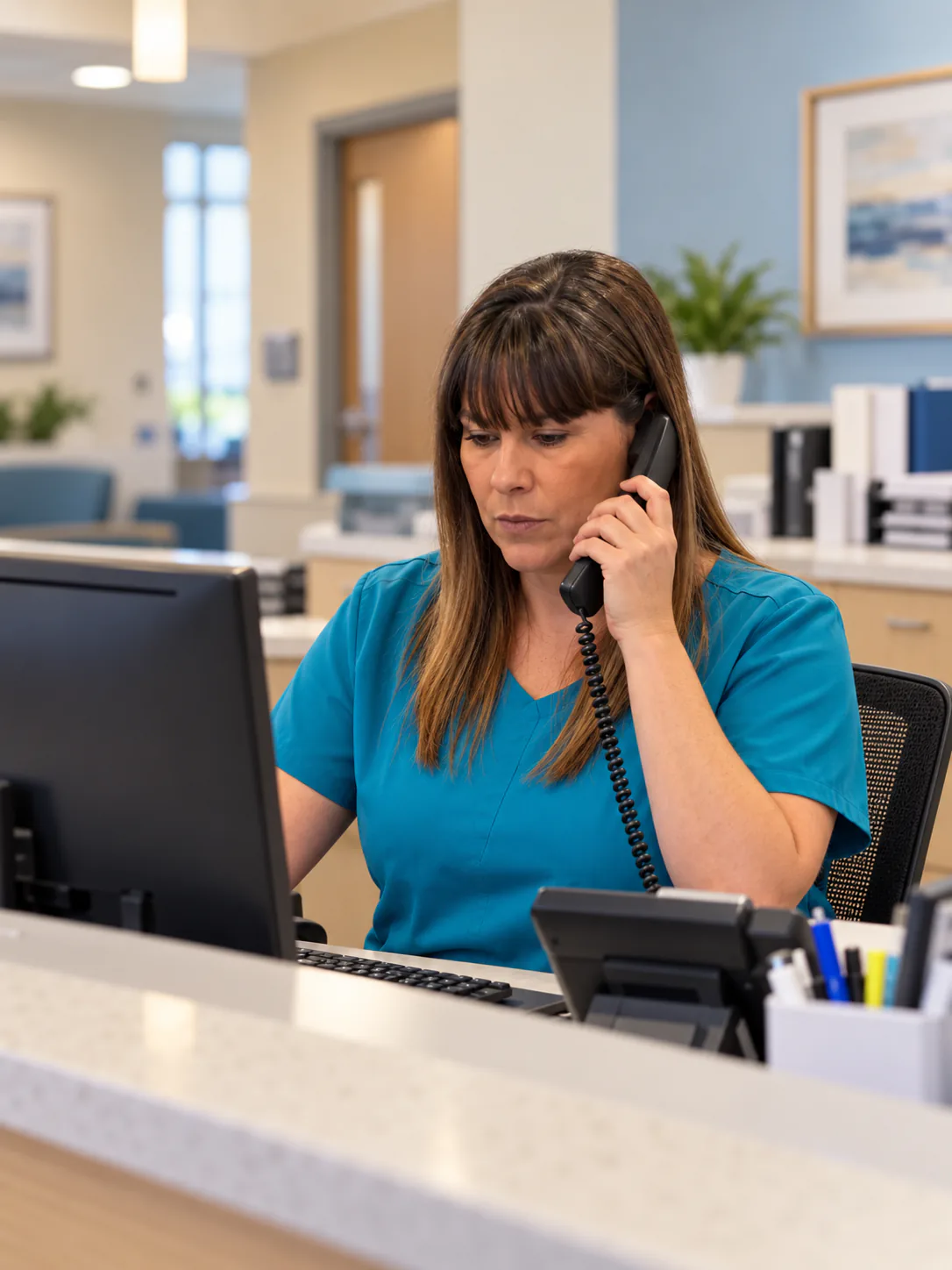 Premier Clinic receptionist assisting a caller at the front desk